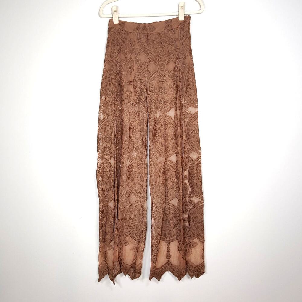 Umgee Lace Wide Leg Pants Split Hem Taupe Romantic Boho Size S